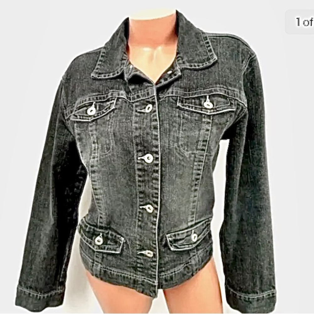 ♣️ Chico's Platinum Black Gray Denim Jean Jacket size 2, L, Large, 12/14
